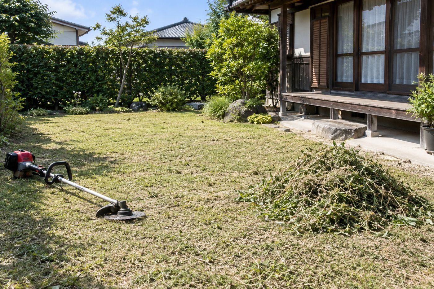 作業後: 草を短く刈り、すっきりした一軒家の庭